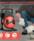 Rugged Heavy Duty 50 Foot Electric Drain Snake And Sewer Auger Toolkit With Solid Half Inch Steel Cable For Snagging Gunk And Ripping Tree Roots In Two To Four Inch Pipes Powered By Badass 450 Watt Motor during use with manual feeding.