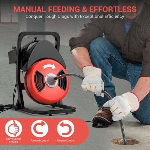 Heavy Duty Electric Drain Snake Auger Auto Feed Sewer Cleaner with manual feeding, 50ft steel cable for tackling clogs.