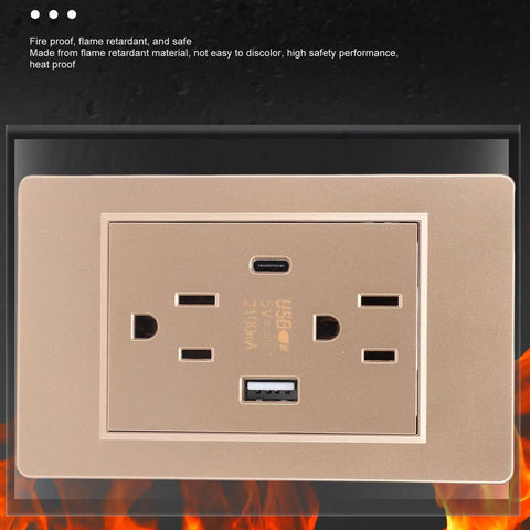 Heavy Duty Wall Outlet With Dual Usb And Type C Charging Ports, 15 Amp Electrical Receptacle in gold finish with flame resistant shell.