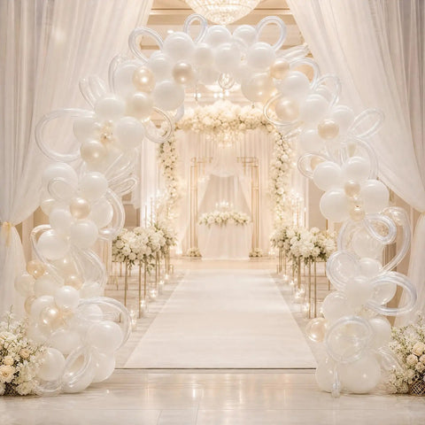 Premium 110 Pcs Balloon Arch Clips Kit With Super Strong Spring Clamps For Weddings Parties Festivals And Banquet Scene Decorations That Look Lit And Durable. balloon arch setup for wedding aisle with white and gold balloons