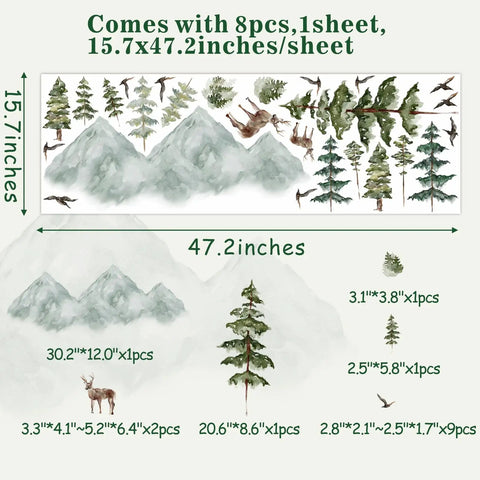Peel And Stick Mountain Forest Wall Decals Set With Pine Trees Deer And Birds For Kids Room And Nursery Decor On A Large 15.7x47.2 Inch Sheet