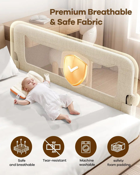Foldable Toddler Bed Rail 59 Inch Reinforced Carbon Steel Frame With Connectors and breathable fabric with baby