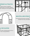 Detailed view of Garden Arbor with Planter Boxes, black metal arch, illustrations of design features, ideal for climbing plants.