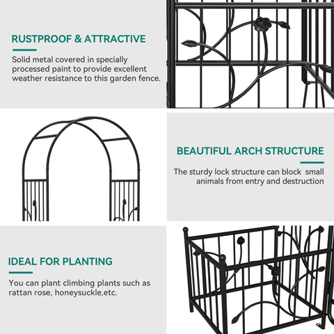 Detailed view of Garden Arbor with Planter Boxes, black metal arch, illustrations of design features, ideal for climbing plants.