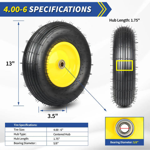 Upgrade 13 Inch Pneumatic Wheelbarrow Tire For 4.00 To 6 Wheel Size Fits Five Eighths And Three Quarters Bearings Hub From 1.75 To 6 Inches Tough As Nails Replacement For Garden Cart Dolly Trolley Wagon With 330 Pound Load Capacity