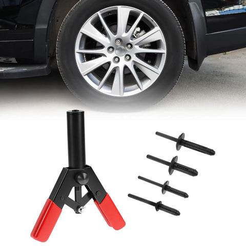 Poly Rivet Gun Kit With Rivet Removal Tool Ergonomic Lightweight Design For Plastic Rivets Includes 40 Polyoxymethylene Rivets Perfect For Auto Body Marine And Home DIY Repairs displayed with car tire