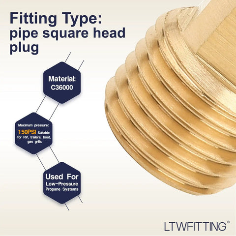 1/4 Inch Male NPT Brass Pipe Plug With Square Head, Cap For Air Water Fuel Transfer, close-up showing threaded detail and specifications.