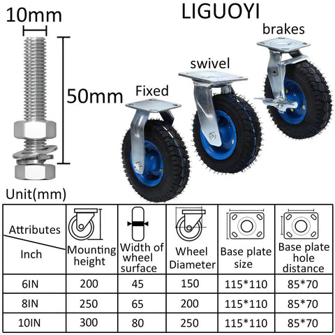Heavy Duty Rubber Caster Wheels 6 8 10 Inch Pneumatic Swivel Casters With Brakes Steel Ball Bearing showing sizes and features.
