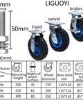 Badass Heavy Duty Rubber Pneumatic Swivel Caster Wheels With Brakes Zero Fuss Six Eight Ten Inch Replacement Rollers for trucks, dimensions and details.