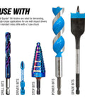 Spyder 12-inch dual hex8/hex10 locking hole saw extension chuck; five blue anodized bits: drill, driver, step, power, spade.