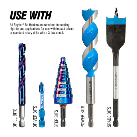 Spyder 12-inch dual hex8/hex10 locking hole saw extension chuck; five blue anodized bits: drill, driver, step, power, spade.