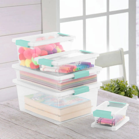 Sixteen Pack Clip Boxes Stackable Clear Plastic Storage Bins With Latching Lids for Crafts Supplies in home office setting
