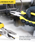 Seven inch linesman pliers with yellow ergonomic handles in use, part of Five Piece Pliers Set for quick fixes around the house and DIY projects.
