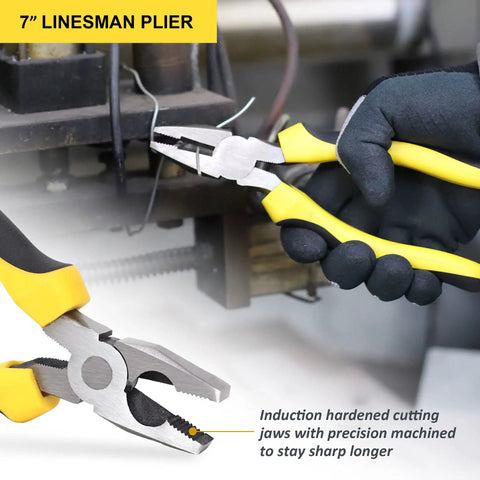 Seven inch linesman pliers with yellow ergonomic handles in use, part of Five Piece Pliers Set for quick fixes around the house and DIY projects.