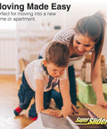 Woman and child unpacking boxes in a new home using 5 Inch Round Multi Surface Furniture Sliders For Carpet And Hard Floors
