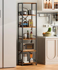 Dope Industrial Style 6 Tier Tall Bookshelf For Tight Spaces, Narrow Display Shelf Unit In Metal And Wood, Rustic Brown Finish