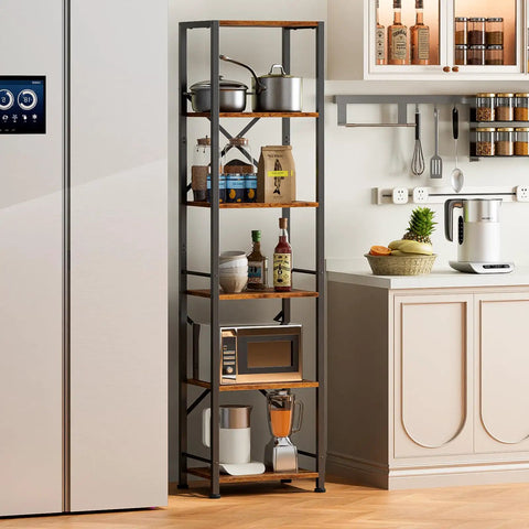 Dope Industrial Style 6 Tier Tall Bookshelf For Tight Spaces, Narrow Display Shelf Unit In Metal And Wood, Rustic Brown Finish