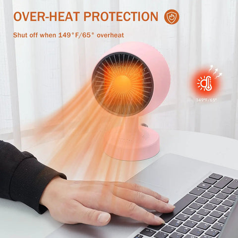 Compact Desk Heater That Cranks 1200W With PTC Ceramic Heating, 160 Degree Auto Oscillation, 90 Degree Tilt, Pink on office desk