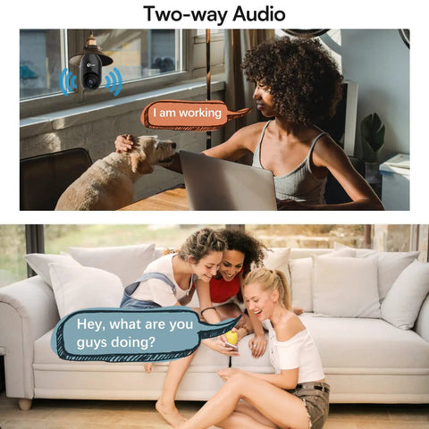 Two-way audio feature on 3MP WiFi Bulb Camera System With E26 Screw Base Wireless Home Surveillance 360 Degree Panoramic Lens Night Vision Plug and Play Setup 2.4GHz WiFi Only No Wiring Indoor Security Camera shown in home setting.