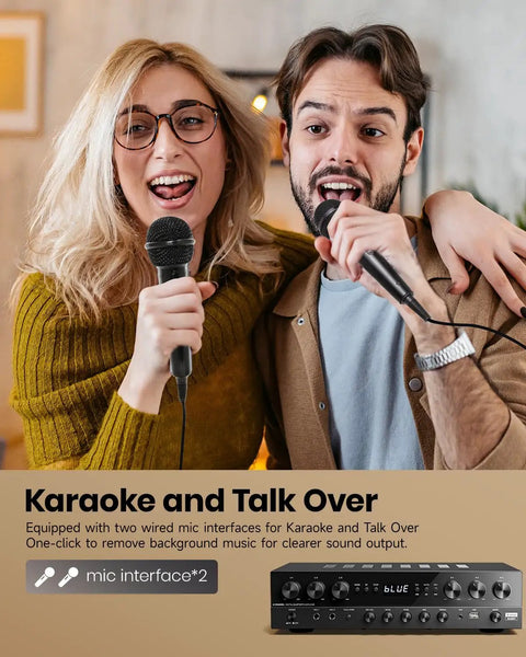 Couple singing with microphones using Six Channel Home Theater Receiver With 1000W Peak Power, Bluetooth 5.3, USB, FM, Two Mic Inputs, Echo, RCA, Optical And Coaxial Inputs For Karaoke Or Theater Speakers MAMP6
