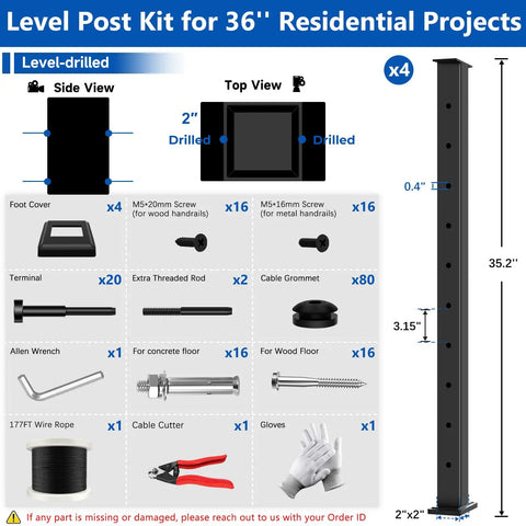 36 Inch Modular Cable Railing Post Kit For Deck Surface Mount With Heavy Duty Stainless Steel Wire System parts overview with detailed components