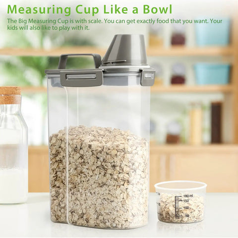Airtight Dry Food Storage Container With Measuring Cup Clear BPA Free Pantry Organizer filled with oats on kitchen counter