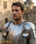Man wearing Pair of 16 Gauge Steel Rondels With Genuine Leather Straps for Elbows and Knees Armor in medieval setting