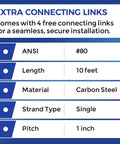 Roller Chain Size 80 1 Inch Pitch 10 Foot Length Carbon Steel Drive Chain With Four Connecting Links description chart