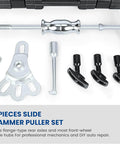 Rear Axle Bearing Removal Tool Kit With Slide Hammer And Adapters, Bearing Puller Set with yoke, tools displayed on white background