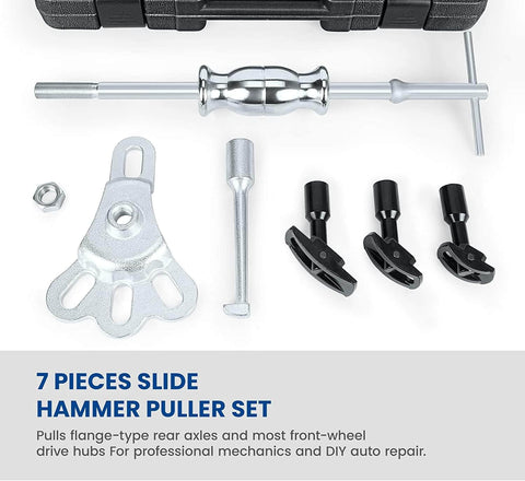 Rear Axle Bearing Removal Tool Kit With Slide Hammer And Adapters, Bearing Puller Set with yoke, tools displayed on white background