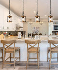 Farmhouse Pendant Lighting For Kitchen Island With Faux Wood Metal Frame And Bubbled Glass Shade For A Cozy Rustic Vibe Ceiling Fixture In Dining Room And Hallway