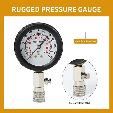 Front view engine compression tester gauge with black rubber case and knurled metal connector, 0-300 PSI