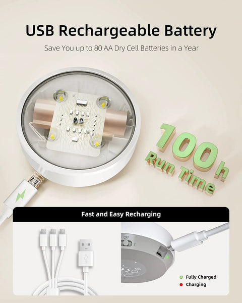 Rechargeable LED Puck Lights With Remote Control showing USB charging cable and battery compartment.