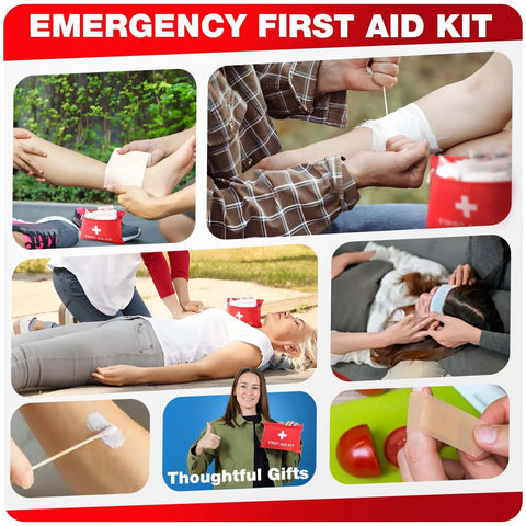 Emergency first aid kit by Amazon; red pouch with white cross, 107 pieces, for home, car, or outdoor use