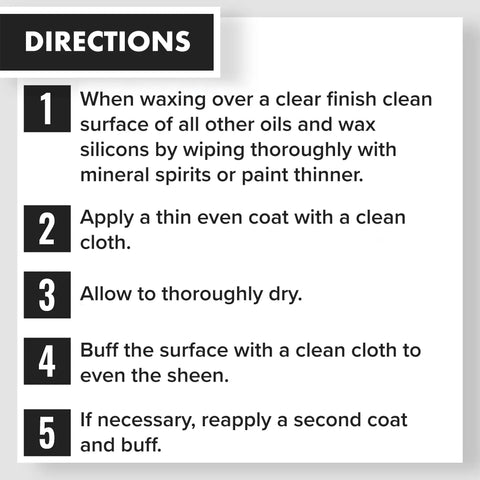 Instructions for using Top Shelf Wood Finish Paste Wax For Furniture Cabinets And Tabletops on wood surfaces.