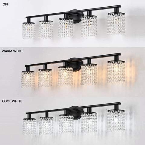 5 Light Crystal Black Vanity Light Fixture For Bathroom Over Mirror Modern Style With Crystal Drops, shown in three lighting modes