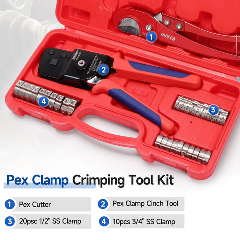One Hand PEX Cinch Tool Kit With Cutter And Go No Go Gauge Includes Twenty Half Inch Clamps And Ten Three Quarter Inch Clamps In A Molded Case