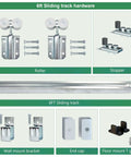 Components of Six Foot Galvanized Box Track Sliding Barn Door Hardware Kit including rollers, stoppers, and wall brackets.