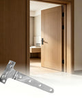 316 Stainless Steel T Style Door Hinge With Screws For Smooth Quiet Operation, shown with a wooden interior door in home setting