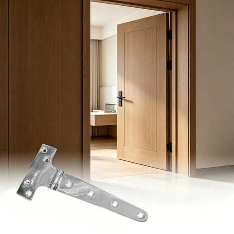 316 Stainless Steel T Style Door Hinge With Screws For Smooth Quiet Operation, shown with a wooden interior door in home setting