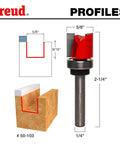 Top Bearing Flush Trim Router Bit 5/8 Inch Diameter With 1/4 Inch Shank, 2-1/4 Inch Overall Length, carbide cutters, profile view