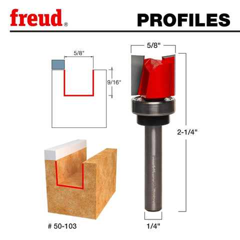 Top Bearing Flush Trim Router Bit 5/8 Inch Diameter With 1/4 Inch Shank, 2-1/4 Inch Overall Length, carbide cutters, profile view