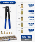 Image of 420 Piece Imperial Rivet Nut Kit With Carbon Steel Threaded Inserts showing sizes 6-32 to 5/16-18 with manual installer.