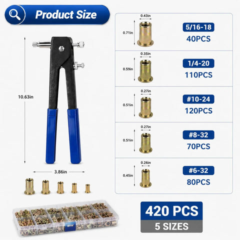 Image of 420 Piece Imperial Rivet Nut Kit With Carbon Steel Threaded Inserts showing sizes 6-32 to 5/16-18 with manual installer.