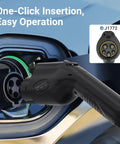 Road Ready Type One J1772 V2L Adapter For Hyundai Kia Genesis EVs With Sixteen Foot Cord Plug And Play On Us Outlets Or Usb Ports ultimate close-up of adapter connecting to EV charging port.