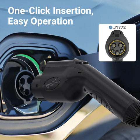 Road Ready Type One J1772 V2L Adapter For Hyundai Kia Genesis EVs With Sixteen Foot Cord Plug And Play On Us Outlets Or Usb Ports ultimate close-up of adapter connecting to EV charging port.