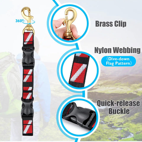 Scuba BC Fin Holder And Mask Clip with brass clip, red nylon webbing, and quick-release buckle on display with dive flag pattern.