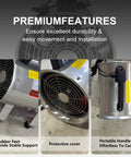 Powerful 8 Inch High Velocity Industrial Exhaust Fan with 1035 CFM airflow, showing rubber feet, protective cover, and portable handle.