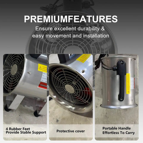 Powerful 8 Inch High Velocity Industrial Exhaust Fan with 1035 CFM airflow, showing rubber feet, protective cover, and portable handle.