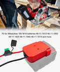 Hand using circular saw with Adapter Kit For 18V M18 Batteries With DC 12V To 60V Motor Speed Controller And Built In Low Voltage Protection.
